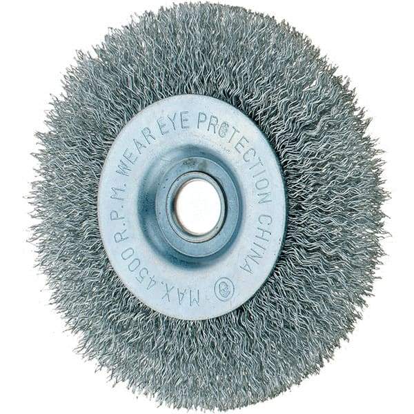 Tru-Maxx - 4" OD, 1/2" Arbor Hole, Crimped Steel Wheel Brush - 1/2" Face Width, 3/4" Trim Length, 0.014" Filament Diam, 6,000 RPM - Benchmark Tooling