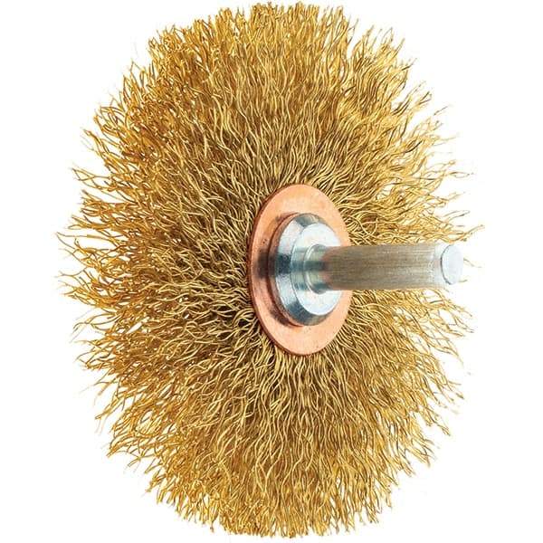 Tru-Maxx - 3" OD, 1/4" Shank Diam, Crimped Brass Wheel Brush - 1/2" Face Width, 1" Trim Length, 0.0118" Filament Diam, 20,000 RPM - Benchmark Tooling