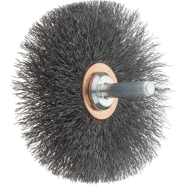 Tru-Maxx - 3" OD, 1/4" Shank Diam, Crimped Steel Wheel Brush - 1/2" Face Width, 1" Trim Length, 0.008" Filament Diam, 12,500 RPM - Benchmark Tooling