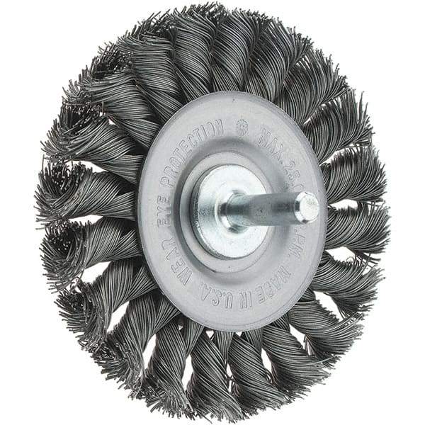 Tru-Maxx - 3-1/4" OD, 1/4" Shank Diam, Knotted Steel Wheel Brush - 3/8" Face Width, 5/8" Trim Length, 0.014" Filament Diam, 25,000 RPM - Benchmark Tooling