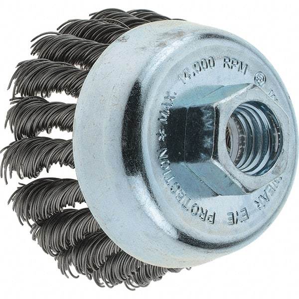 Tru-Maxx - 2-3/4" Diam, 5/8-11 Threaded Arbor, Steel Fill Cup Brush - 0.02 Wire Diam, 1" Trim Length, 14,000 Max RPM - Benchmark Tooling