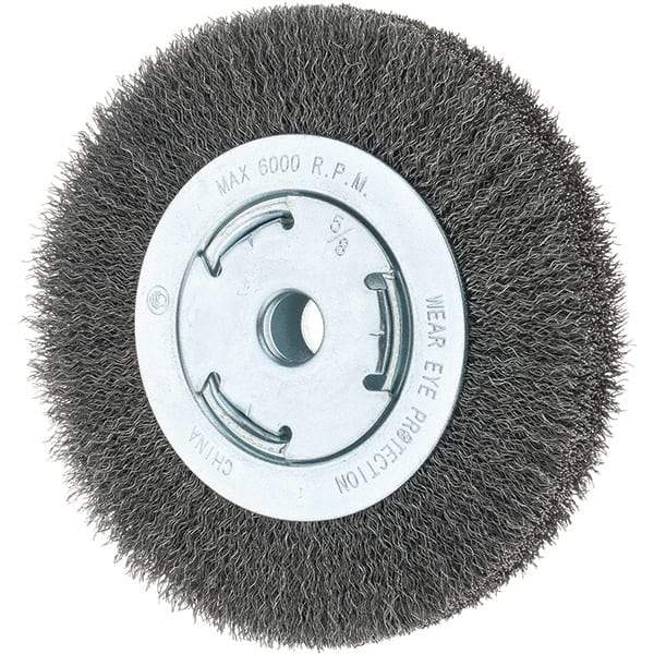 Tru-Maxx - 6" OD, 5/8-11 Arbor Hole, Crimped Steel Wheel Brush - 7/8" Face Width, 1-1/8" Trim Length, 0.014" Filament Diam, 6,000 RPM - Benchmark Tooling