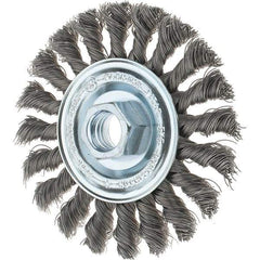 Tru-Maxx - 4" OD, 5/8-11 Arbor Hole, Knotted Steel Wheel Brush - 1/2" Face Width, 7/8" Trim Length, 0.014" Filament Diam, 20,000 RPM - Benchmark Tooling