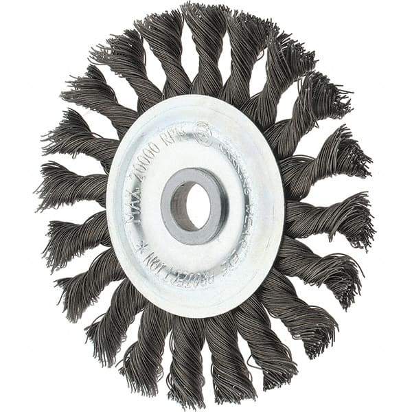 Tru-Maxx - 4" OD, 1/2" Arbor Hole, Knotted Steel Wheel Brush - 5/8" Face Width, 7/8" Trim Length, 0.014" Filament Diam, 20,000 RPM - Benchmark Tooling