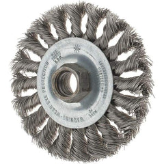 Tru-Maxx - 4" OD, 5/8-11 Arbor Hole, Knotted Stainless Steel Wheel Brush - 1/2" Face Width, 7/8" Trim Length, 0.014" Filament Diam, 20,000 RPM - Benchmark Tooling