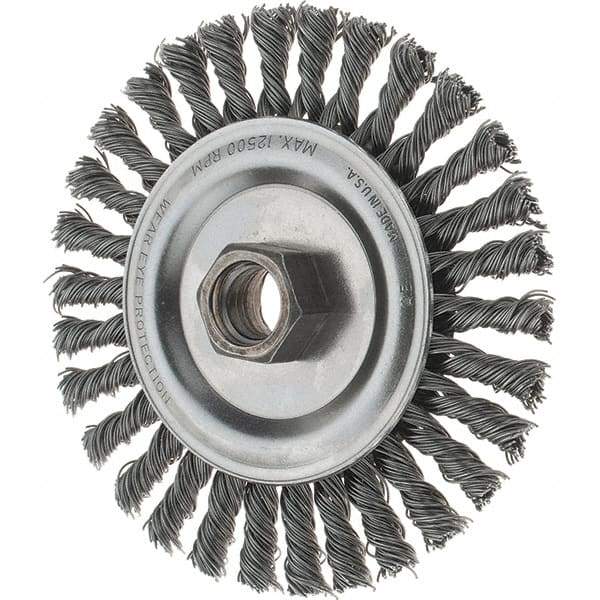 Tru-Maxx - 4-1/2" OD, 5/8-11 Arbor Hole, Stringer Bead Steel Wheel Brush - 3/16" Face Width, 13/16" Trim Length, 0.02" Filament Diam, 12,500 RPM - Benchmark Tooling