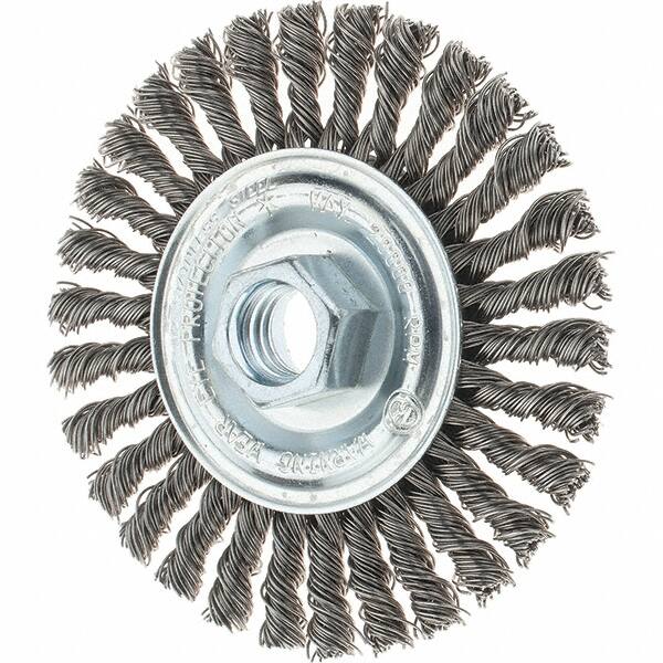 Tru-Maxx - 4" OD, 5/8-11 Arbor Hole, Stringer Bead Stainless Steel Wheel Brush - 1/4" Face Width, 7/8" Trim Length, 0.02" Filament Diam, 20,000 RPM - Benchmark Tooling