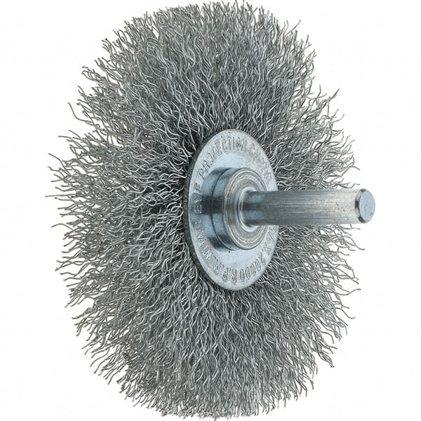 Tru-Maxx - 3" OD, 1/4" Shank Diam, Crimped Steel Wheel Brush - 1/2" Face Width, 13/16" Trim Length, 0.014" Filament Diam, 20,000 RPM - Benchmark Tooling