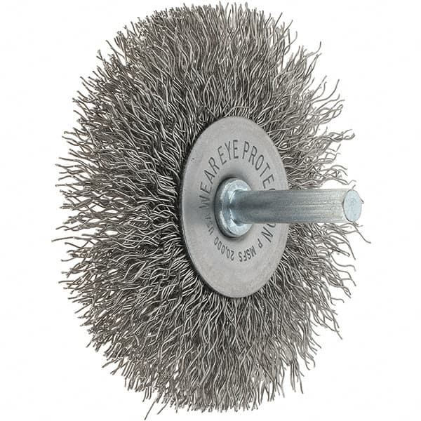 Tru-Maxx - 3" OD, 1/4" Shank Diam, Crimped Stainless Steel Wheel Brush - 1/2" Face Width, 13/16" Trim Length, 0.014" Filament Diam, 20,000 RPM - Benchmark Tooling