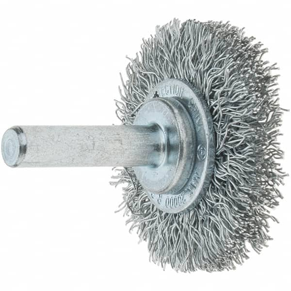 Tru-Maxx - 1-1/2" OD, 1/4" Shank Diam, Crimped Steel Wheel Brush - 1/4" Face Width, 3/8" Trim Length, 0.0118" Filament Diam, 20,000 RPM - Benchmark Tooling