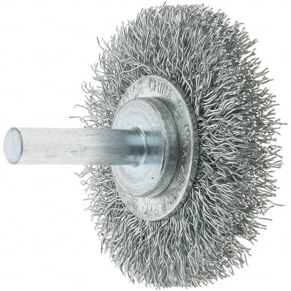 Tru-Maxx - 2" OD, 1/4" Shank Diam, Crimped Steel Wheel Brush - 3/8" Face Width, 7/16" Trim Length, 0.014" Filament Diam, 20,000 RPM - Benchmark Tooling