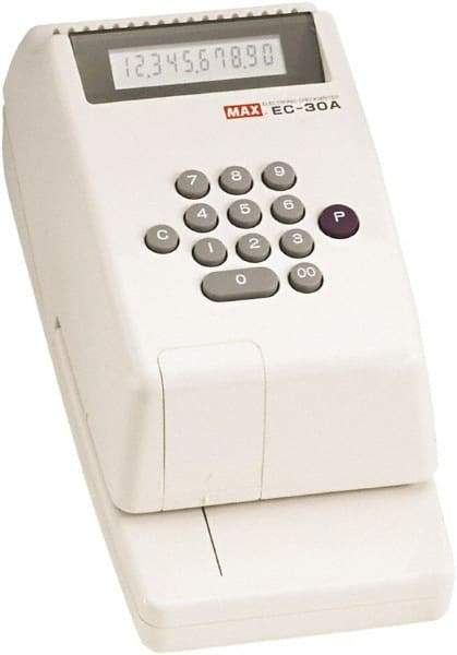 MAX - 4-3/8" Wide x 3-3/4" High x 9-1/8" Deep, Electronic Check Writer - Plastic, White - Benchmark Tooling