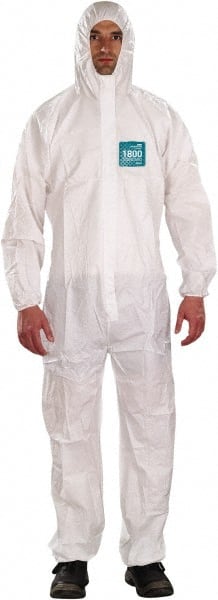 Disposable Coveralls: Size X-Large, 1.56 oz, Film Laminate, Zipper Closure White, Bias Bound Seam, Elastic Cuff, Elastic Ankle, ISO Non-Cleanroom Class