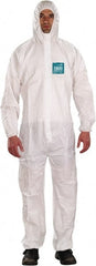 Disposable Coveralls: Size Large, 1.56 oz, Film Laminate, Zipper Closure White, Bias Bound Seam, Elastic Cuff, Elastic Ankle, ISO Non-Cleanroom Class