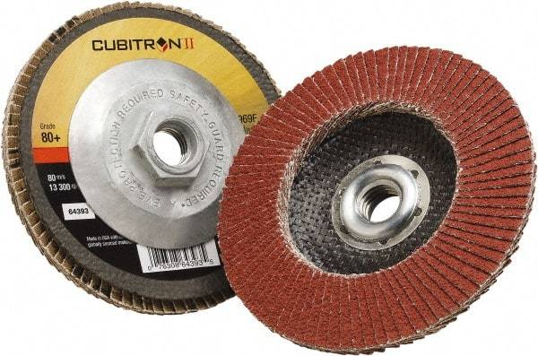 3M - 80 Grit, 4-1/2" Disc Diam, 5/8-11 Center Hole, Type 29 Ceramic Flap Disc - 13,300 Max RPM, Polyester Backing, Arbor Attaching System, Coated - Benchmark Tooling