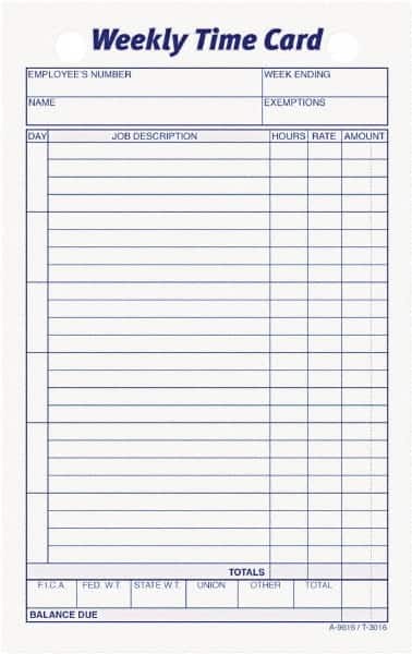 TOPS - 1" High x 4-19/64" Wide Weekly Time Cards - Use with Manual Time Record - Benchmark Tooling