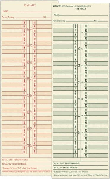 TOPS - 4-1/16" High x 11-1/8" Wide Bi-Weekly Time Cards - Use with Acroprint L34B, Cincinnati CH-131, Lathem CH-131, Simplex 10-100382, 1950-9631 - Benchmark Tooling