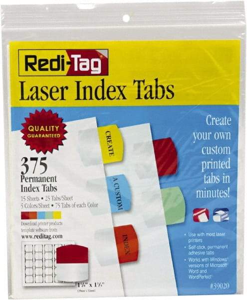 Redi-Tag - 1-1/8 x 1-1/4" 5 Tabs, Self-Adhesive, Self-Adhesive File Folder Tabs - Red, Blue, Mint, Orange, Yellow - Benchmark Tooling