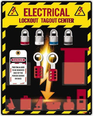 NMC - Equipped Acrylic Electrical Lockout Station - 16" Wide x 20" High x 4" Deep, Red, White, Blue, Black - Benchmark Tooling