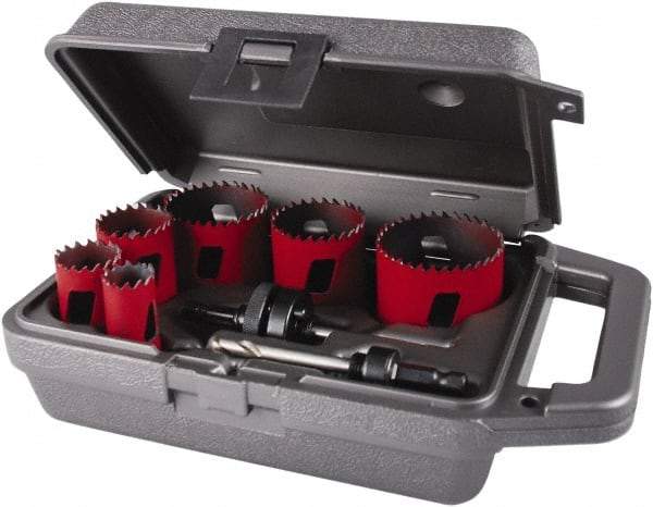 M.K. MORSE - 8 Piece, 7/8" to 2-1/2" Saw Diam, Electrician's Hole Saw Kit - Bi-Metal, Toothed Edge, Pilot Drill Model No. MAPD301, Includes 3 Hole Saws - Benchmark Tooling