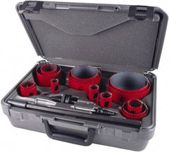 M.K. MORSE - 19 Piece, 3/4" to 4-1/2" Saw Diam, Industrial Hole Saw Kit - Bi-Metal, Toothed Edge, Pilot Drill Model No. MAPD301, Includes 5 Hole Saws - Benchmark Tooling