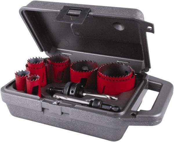 M.K. MORSE - 11 Piece, 3/4" to 2-1/2" Saw Diam, General Purpose Hole Saw Kit - Bi-Metal, Toothed Edge, Pilot Drill Model No. MAPD301, Includes 3 Hole Saws - Benchmark Tooling