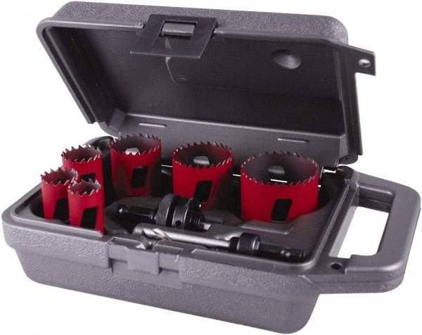 M.K. MORSE - 8 Piece, 3/4" to 2-1/4" Saw Diam, Plumber's Hole Saw Kit - Bi-Metal, Toothed Edge, Pilot Drill Model No. MAPD301, Includes 2 Hole Saws - Benchmark Tooling