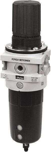 Parker - 3/4" NPT Port Heavy-Duty 1 Piece Filter/Regulator FRL Unit - Polypropylene Bowl, 335 SCFM, 254 Max psi, 13-1/2" High, Manual Drain - Benchmark Tooling