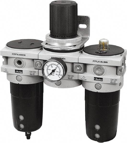 Parker - 1" NPT Port Heavy-Duty 3 Piece Filter-Regulator-Lubricator FRL Unit - Polypropylene Bowl, 170 SCFM, 254 Max psi, 13-1/2" High, Manual Drain - Benchmark Tooling