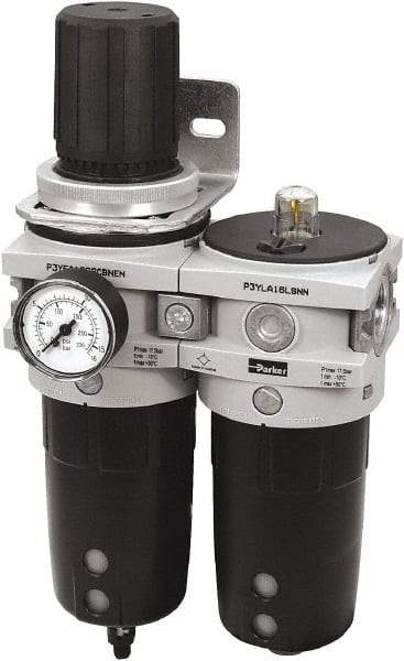 Parker - 1" NPT Port Heavy-Duty 2 Piece Filter/Regulator-Lubricator FRL Unit - Polypropylene Bowl, 340 SCFM, 254 Max psi, 13-1/2" High, Manual Drain - Benchmark Tooling