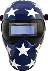 Save Phace - 4-1/4" Window Width x 2" Window Height, 4, 9 to 13 Shade Auto-Darkening Lens, Fixed Front Welding Helmet - Red/White/Blue, Nylon Green Lens - Benchmark Tooling