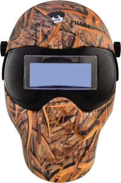 Save Phace - 4-1/4" Window Width x 2" Window Height, 4, 9 to 13 Shade Auto-Darkening Lens, Fixed Front Welding Helmet - Yellow/Black/Tan, Nylon Green Lens - Benchmark Tooling