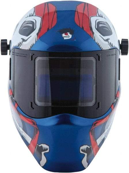 Save Phace - 3.82" Window Width x 1.85" Window Height, 4, 9 to 13 Shade Auto-Darkening Lens, Fixed Front Welding Helmet - Red/White/Blue, Nylon Green Lens - Benchmark Tooling