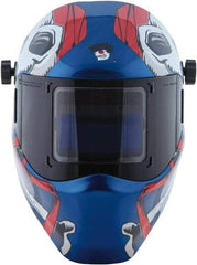 Save Phace - 3.82" Window Width x 1.85" Window Height, 4, 9 to 13 Shade Auto-Darkening Lens, Fixed Front Welding Helmet - Red/White/Blue, Nylon Green Lens - Benchmark Tooling