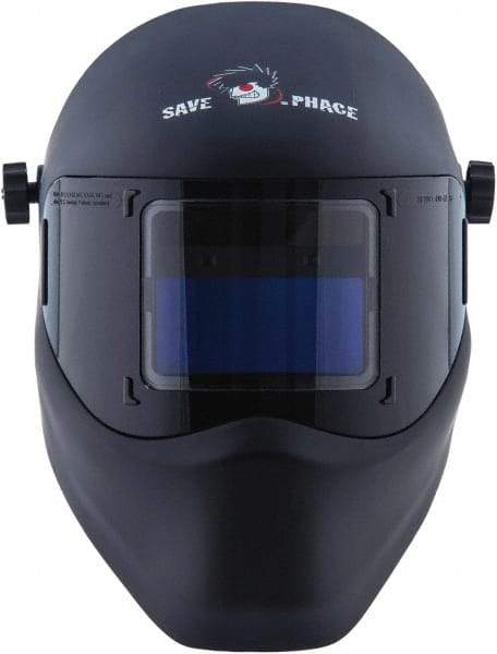 Save Phace - 3.82" Window Width x 1.85" Window Height, 4, 9 to 13 Shade Auto-Darkening Lens, Fixed Front Welding Helmet - Black, Nylon Green Lens - Benchmark Tooling