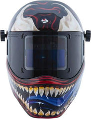 Save Phace - 3.82" Window Width x 1.85" Window Height, 4, 9 to 13 Shade Auto-Darkening Lens, Fixed Front Welding Helmet - Red/White/Blue/Silver, Nylon Green Lens - Benchmark Tooling