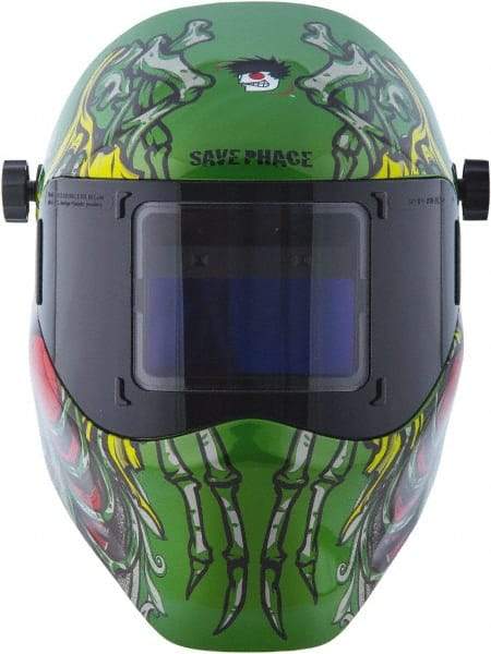 Save Phace - 3.82" Window Width x 1.85" Window Height, 4, 9 to 13 Shade Auto-Darkening Lens, Fixed Front Welding Helmet - Green/Blue/Yellow/Red, Nylon Green Lens - Benchmark Tooling