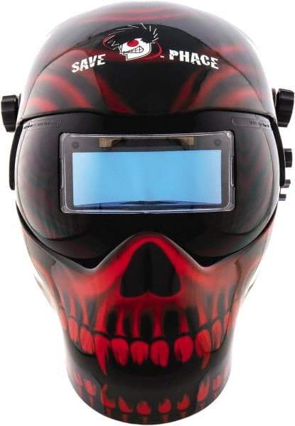 Save Phace - 3.74" Window Width x 1.38" Window Height, 4, 9 to 13 Shade Auto-Darkening Lens, Fixed Front Welding Helmet - Black/Red, Nylon Green Lens - Benchmark Tooling