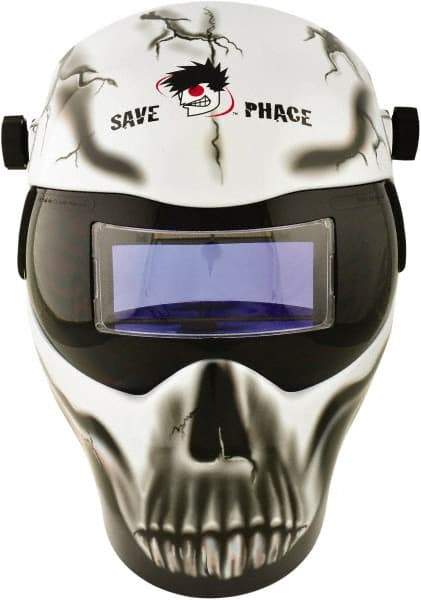 Save Phace - 3.62" Window Width x 1.42" Window Height, 3 to 10 Shade Auto-Darkening Lens, Fixed Front Welding Helmet - Black/White/Gray, Nylon Green Lens - Benchmark Tooling