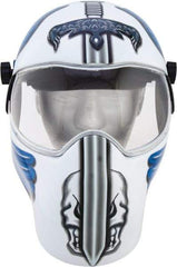 Save Phace - 11" Window Width x 3-3/4" Window Height, 10 Shade Fixed Shade Lens, Fixed Front Welding Helmet - White/Blue/Grey, Nylon Green Lens - Benchmark Tooling