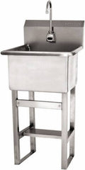 SANI-LAV - 18" Long x 18" Wide Inside, 1 Compartment, Grade 304 Stainless Steel Utility Sink Battery Sensor - 14 Gauge, 21" Long x 20-1/2" Wide x 48" High Outside, 12" Deep - Benchmark Tooling