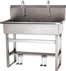 SANI-LAV - 37" Long x 16-1/2" Wide Inside, 1 Compartment, Grade 304 Stainless Steel (3) Person Wash-Station with Double Foot Valves - 16 Gauge, 40" Long x 20" Wide x 45" High Outside, 8" Deep - Benchmark Tooling