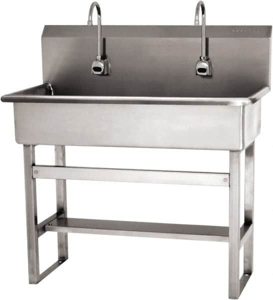 SANI-LAV - 37" Long x 16-1/2" Wide Inside, 1 Compartment, Grade 304 Stainless Steel (3) Person Wash-Station with Electronic Faucet - 16 Gauge, 40" Long x 20" Wide x 45" High Outside, 8" Deep - Benchmark Tooling