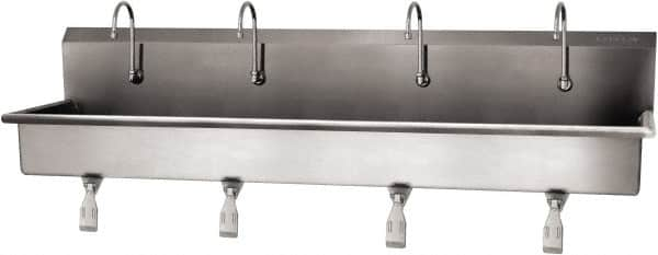 SANI-LAV - 77" Long x 16-1/2" Wide Inside, 1 Compartment, Grade 304 Stainless Steel (4) Person Wash-Station with Single Foot Valves - 16 Gauge, 80" Long x 20" Wide x 18" High Outside, 8" Deep - Benchmark Tooling