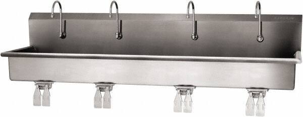 SANI-LAV - 77" Long x 16-1/2" Wide Inside, 1 Compartment, Grade 304 Stainless Steel (4) Person Wash-Station with Double Foot Valves - 16 Gauge, 80" Long x 20" Wide x 18" High Outside, 8" Deep - Benchmark Tooling