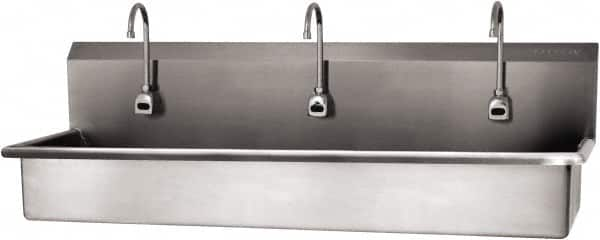 SANI-LAV - 57" Long x 16-1/2" Wide Inside, 1 Compartment, Grade 304 Stainless Steel (3) Person Wash-Station with Electronic Faucet - 16 Gauge, 60" Long x 20" Wide x 18" High Outside, 8" Deep - Benchmark Tooling