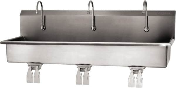 SANI-LAV - 57" Long x 16-1/2" Wide Inside, 1 Compartment, Grade 304 Stainless Steel (3) Person Wash-Station with Double Foot Valves - 16 Gauge, 60" Long x 20" Wide x 18" High Outside, 8" Deep - Benchmark Tooling