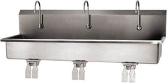 SANI-LAV - 57" Long x 16-1/2" Wide Inside, 1 Compartment, Grade 304 Stainless Steel (3) Person Wash-Station with Double Foot Valves - 16 Gauge, 60" Long x 20" Wide x 18" High Outside, 8" Deep - Benchmark Tooling