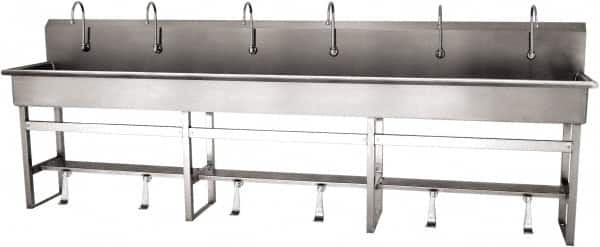 SANI-LAV - 117" Long x 16-1/2" Wide Inside, 1 Compartment, Grade 304 Stainless Steel (6) Person Wash-Station with Single Foot Valves - 16 Gauge, 120" Long x 20" Wide x 45" High Outside, 8" Deep - Benchmark Tooling