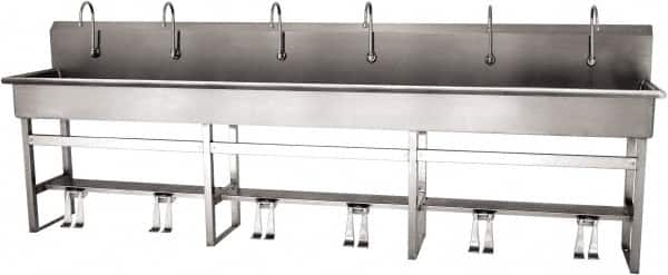 SANI-LAV - 117" Long x 16-1/2" Wide Inside, 1 Compartment, Grade 304 Stainless Steel (6) Person Wash-Station with Double Foot Valves - 16 Gauge, 120" Long x 20" Wide x 45" High Outside, 8" Deep - Benchmark Tooling